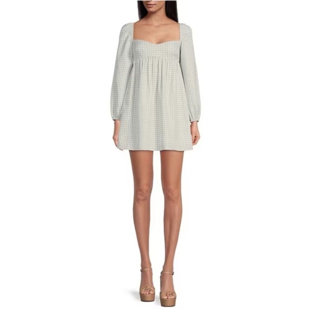 Gianni Bini Kennedy Gingham Long Sleeve Sweetheart Neck Babydoll Dress Women’s 4